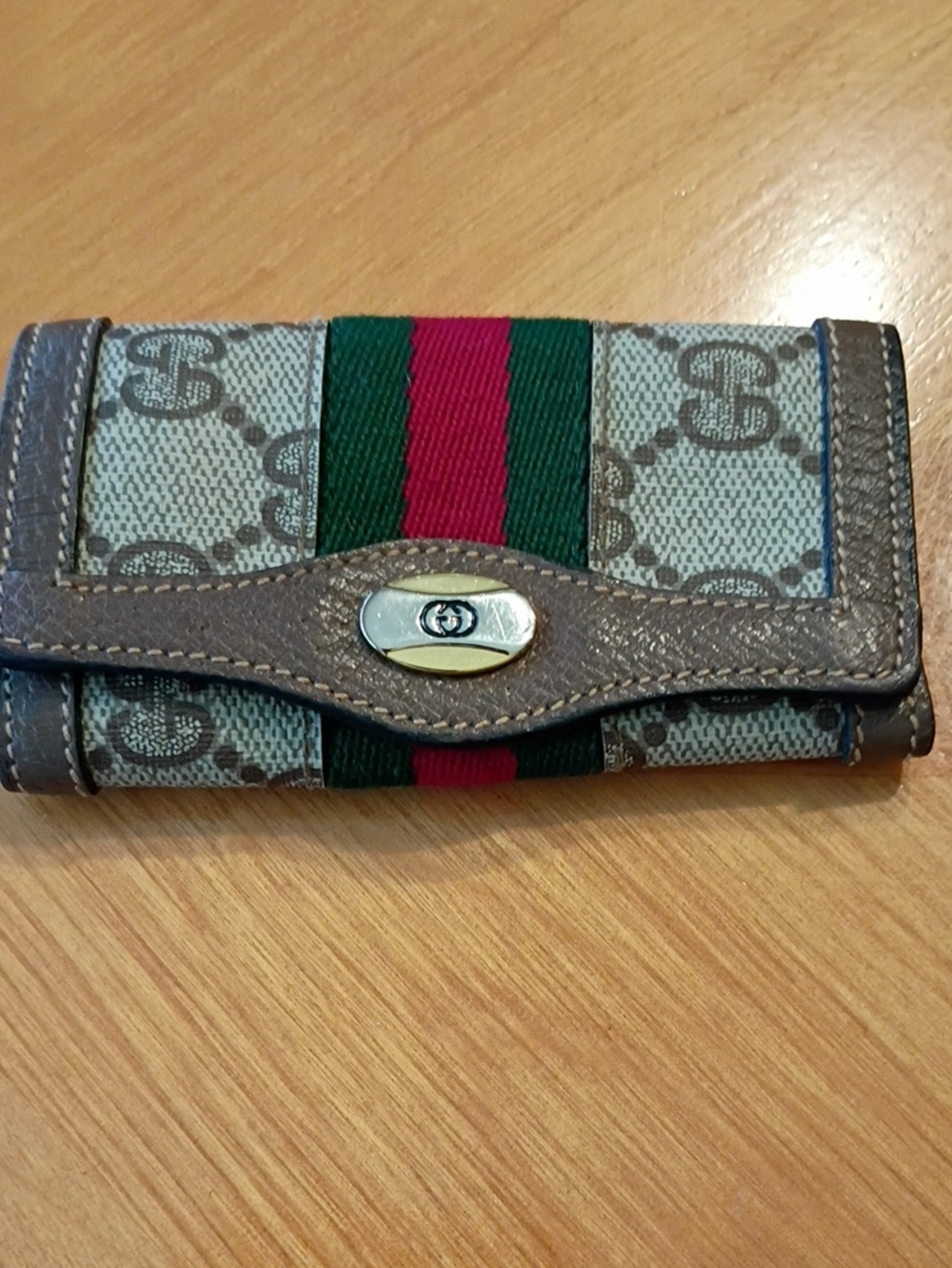 Authentic Gucci Brown Monogram Keyring with Green and Red Web Stripe. 80's